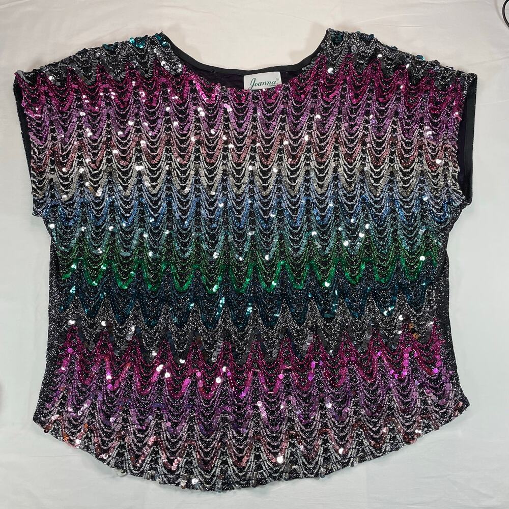 Joanna Vtg Women's Sequin Wave Cap Sleeve Top Black Multi Color M Disco Glam - Picture 1 of 5
